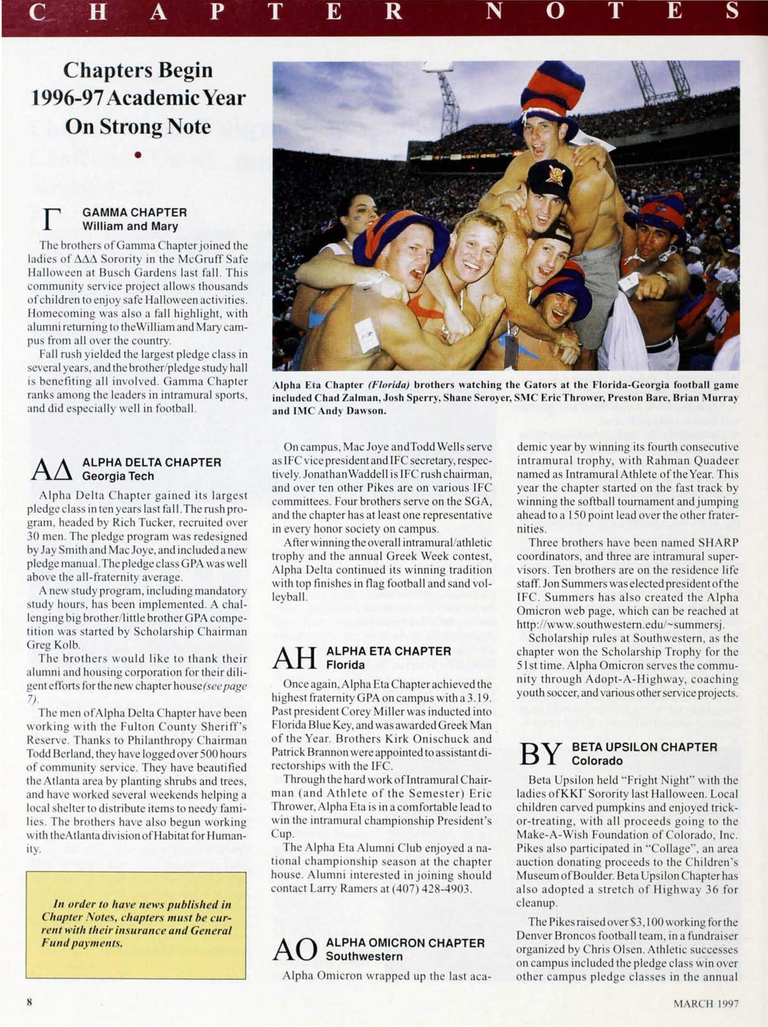 Chapter Notes: Chapters Begin 1996-97 Academic Year on Strong Note